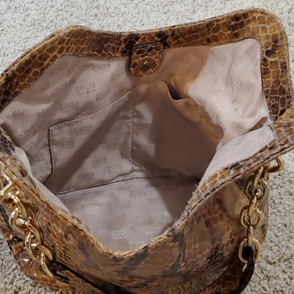 Michael Kors Brown Snake-Print Leather Shoulder Bag